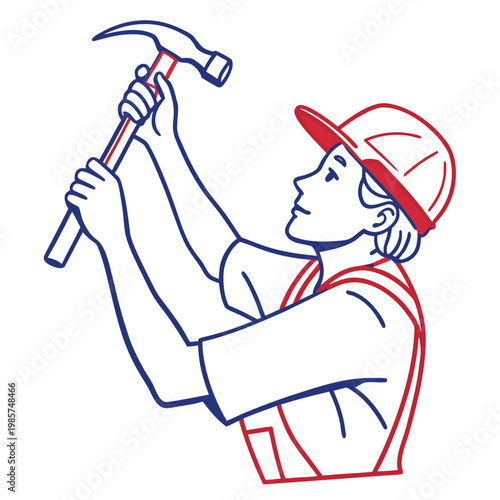 Young builder character using hammer for project.