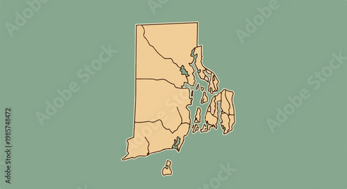 A stylized map of a state with irregular coastlines and inland water features