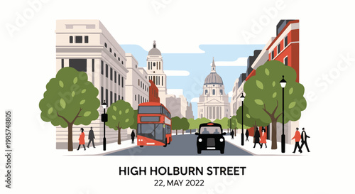 A vibrant city street scene with iconic red bus and cars