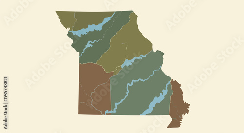 A stylized map of Missouri with muted green and brown land masses and blue waterways