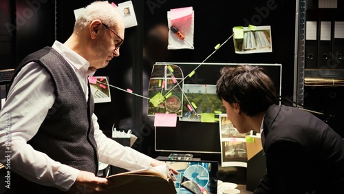 Police officers on duty at agency, reviewing surveillance footage for suspect identification in incident room. Two partners trying to find culprit with incriminating proof, gather intelligence.