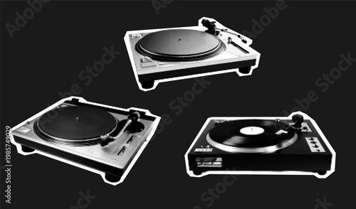 Vintage retro record for halftone music vinyl and illustration collage vector. Art isolated set for pop audio design set and grunge dot poster. Vintage monochrome sound for halftone texture nostalgia.