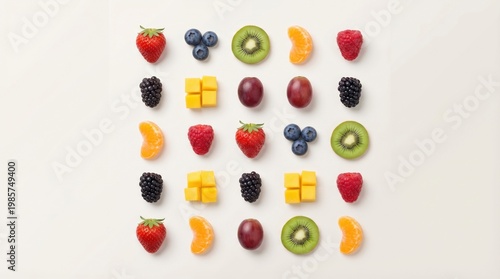 Mixed fruits arranged in grid pattern colorful fresh background