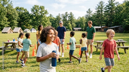 Children playing together outdoors at summer camp with adults supervising  