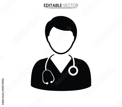 Simple black vector icon of a doctor with stethoscope silhouette