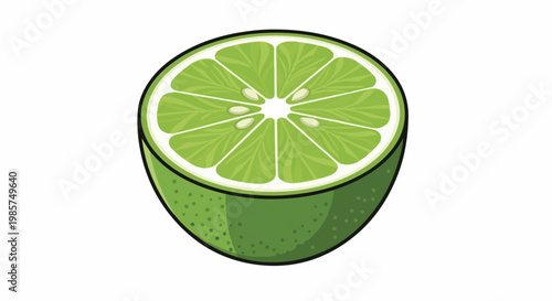 A vibrant, cross-sectioned green citrus fruit with visible seeds and pulp