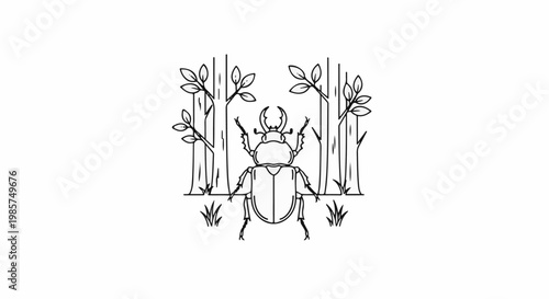 A stylized illustration of a beetle standing in a forest clearing