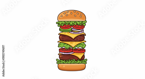 A tall, stacked hamburger with multiple patties, cheese, lettuce, tomatoes, and onions