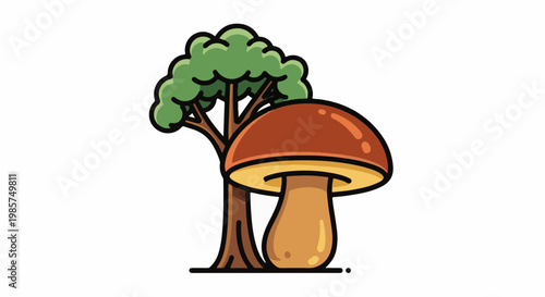 A stylized mushroom grows next to a leafy tree on a white background