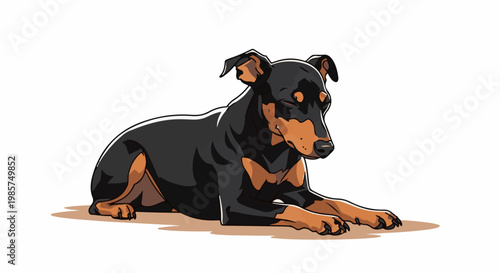 A stylized illustration of a black and tan dog resting on a brown surface