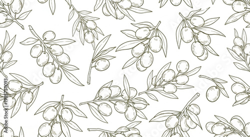 Olive branch seamless pattern, green leaves and olives, vector illustration, botanical design, food and drink graphics