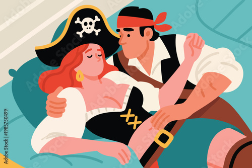A Beautiful Female Pirate Captain Lover with a Pirate Crew Illustration Creative Design Template 