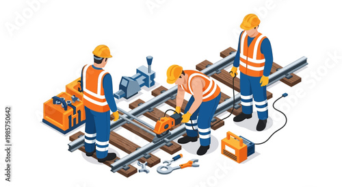 Isometric illustration of three railway workers repairing train tracks with tools and equipment.