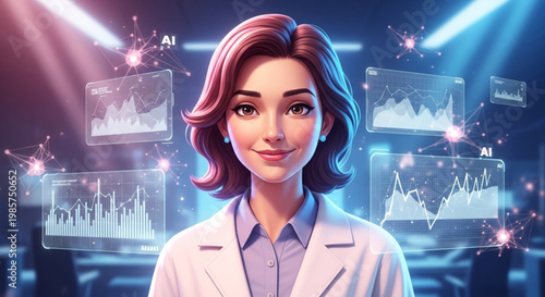 A female data scientist depicted in an ultra-realistic cartoon style, surrounded by floating holographic graphics and visualizations of AI neural networks.