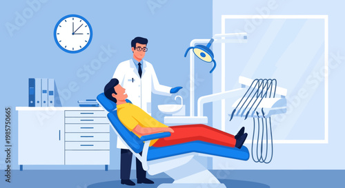 Illustration of a dentist examining a patient in a modern dental clinic with blue and white decor.