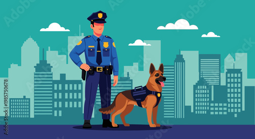 Illustration of a police officer standing with a German Shepherd dog against a city skyline background with a teal sky.
