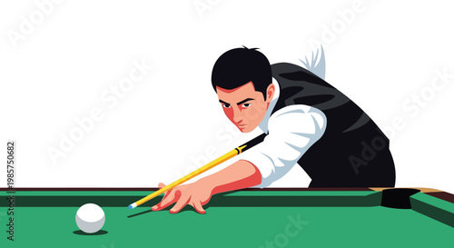 Focused man playing pool with a cue stick on a green table