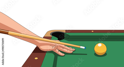 Illustration of a hand holding a pool cue about to strike a yellow ball on a green billiards table with brown trim.