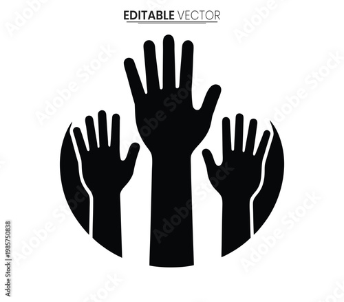Three raised hands in a circular arrangement a striking silhouette