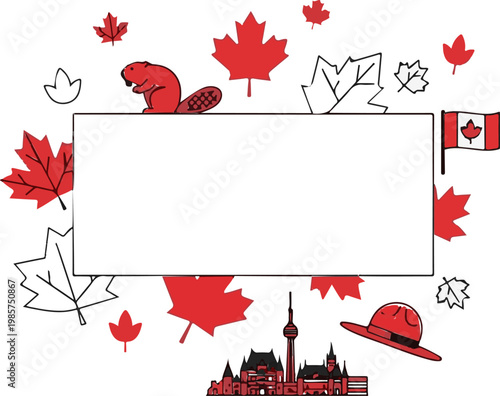 Vibrant illustration features iconic canadian symbols like maple leaves, a beaver, the flag, and national landmarks, forming a patriotic frame.