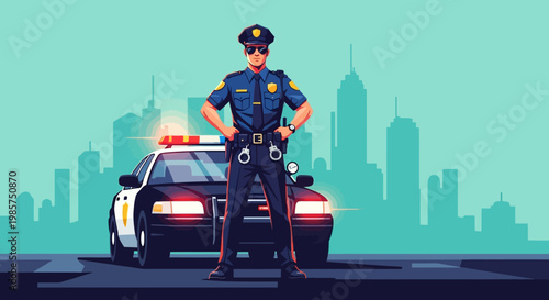 Illustration of a confident police officer standing in front of a police car with cityscape background in a flat, teal-toned style.