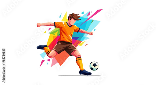 Illustration of a woman kicking a soccer ball with dynamic colorful background