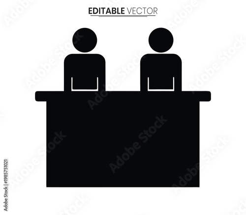Two people at a desk facing each other in black vector silhouette