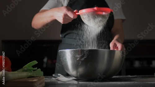 Chef Sifting Flour in Slow Motion for Culinary Preparation