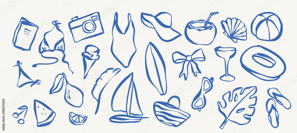 Fototapeta premium Hand drawn summer set with doodle vector elements, tropical naive collection with beach and vacation icons