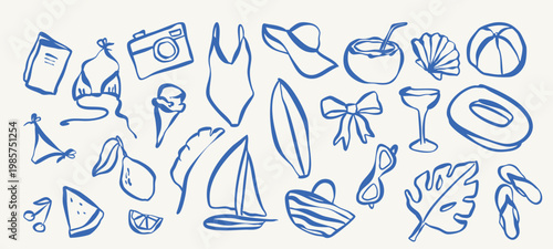 Hand drawn summer set with doodle vector elements, tropical naive collection with beach and vacation icons