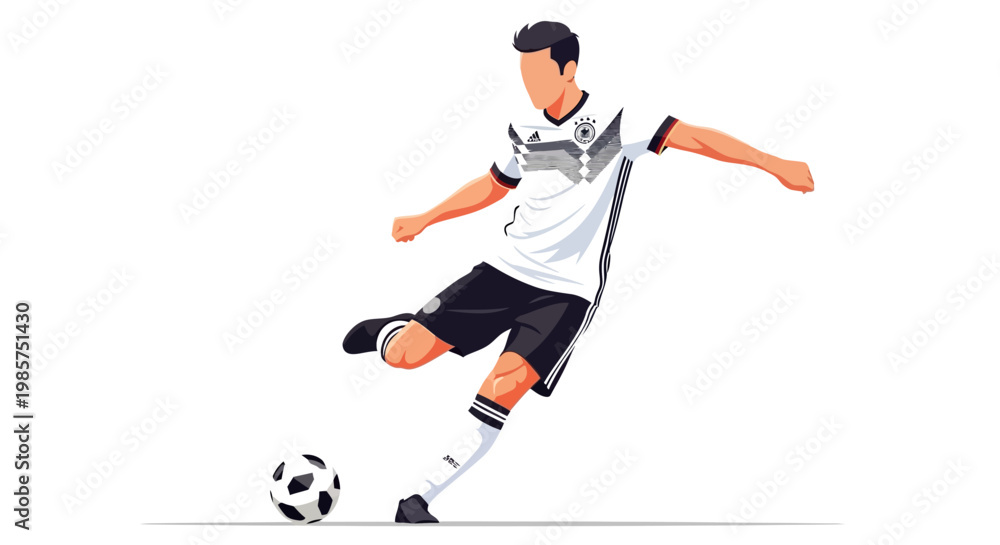 Obraz premium Illustration of a soccer player kicking a ball with motion lines on a white background