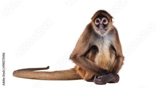 Photography Brown spider monkey with long tail sitting, isolated on transparent background