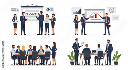 Flat illustrations of business professionals collaborating and presenting in an office setting with a professional and productive mood.