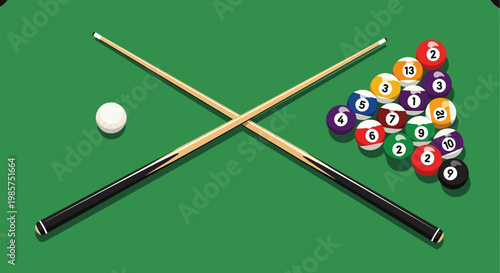 Overhead shot of crossed pool cues with colorful balls on green felt table