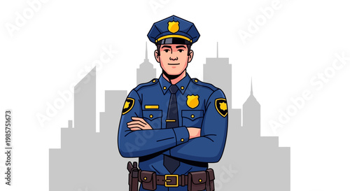 Illustration of a confident police officer standing with arms crossed in front of a city skyline.
