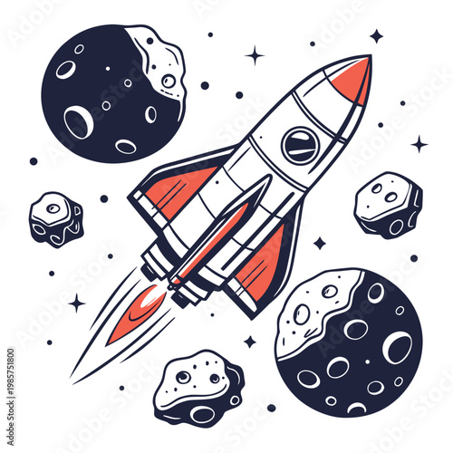 Rocketship soaring past moon and drifting rocks.
