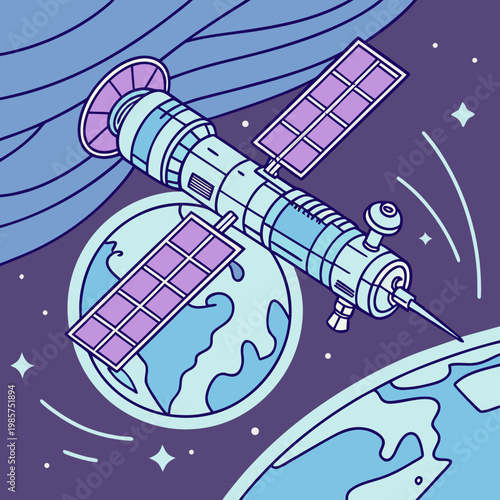 Satellite orbiting earth, space technology illustration.