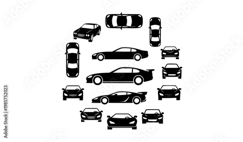 Car icon vector set with multiple views top side and front vehicle silhouettes transportation design collection