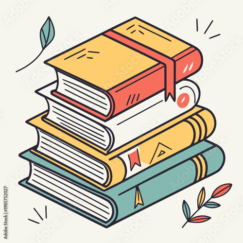 Stack of colorful books with bookmarks on beige.