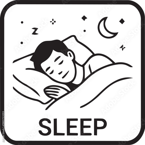 Sleep man character icon resting in bed under night sky