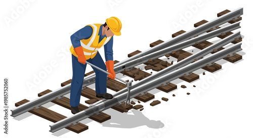 Railway worker repairing train tracks with a tool.