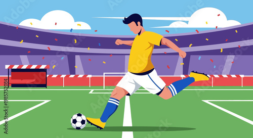 Illustration of a soccer player kicking a ball on a green field with a stadium in the background and confetti in the air.
