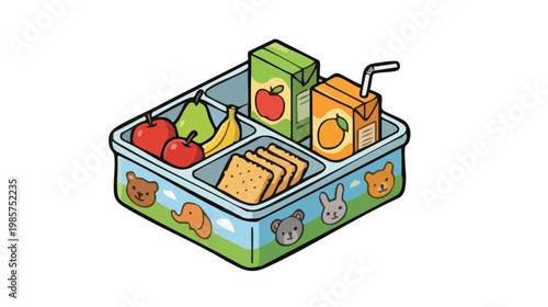 Colorful cartoon lunchbox with fruits, drinks, and snacks