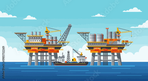 Illustration of offshore oil rigs with a tanker in the sea against a blue sky with clouds
