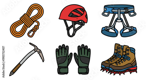 Climbing Gear Set with Helmet, Rope, and Boots in Vector Style