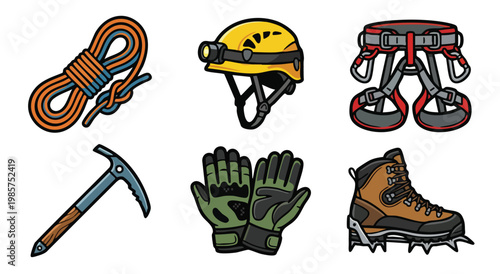 Set of Mountaineering Equipment Icons with Helmet and Climbing Gear