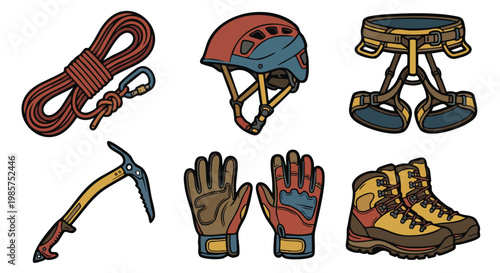 Collection of Climbing Gear Illustrations with Helmet and Boots