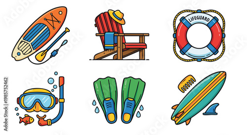 Colorful summer beach icons set with surfing and snorkeling gear