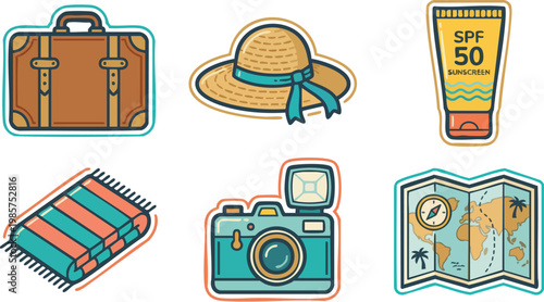 Colorful travel icons including suitcase, hat, camera, and sunscreen