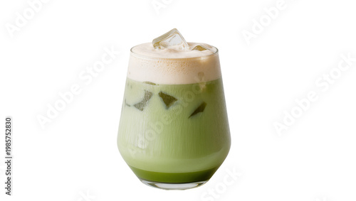 Obraz na plátne Frothy green matcha latte with ice cubes in a clear glass, isolated on transpare